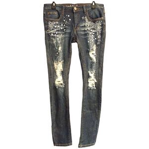 MACHINE Distressed Medium Wash Jean with Embroidery & Rhinestone, Size 31x31